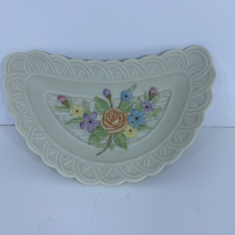 Vtg Lefton Antique Ivory Crescent Dish Rose Floral Basketweave Bone Plate KW8245